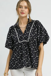 Bow Print Puff Sleeve Blouse Umgee Black S